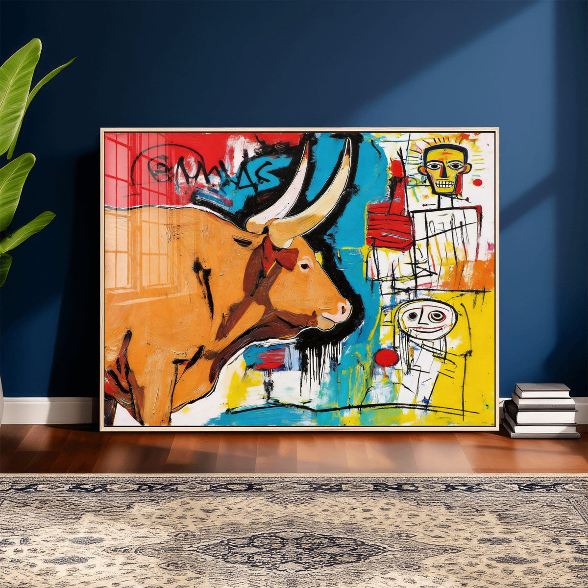 Basquiat Style Bull Graffiti Wall Art Canvas Print, Street