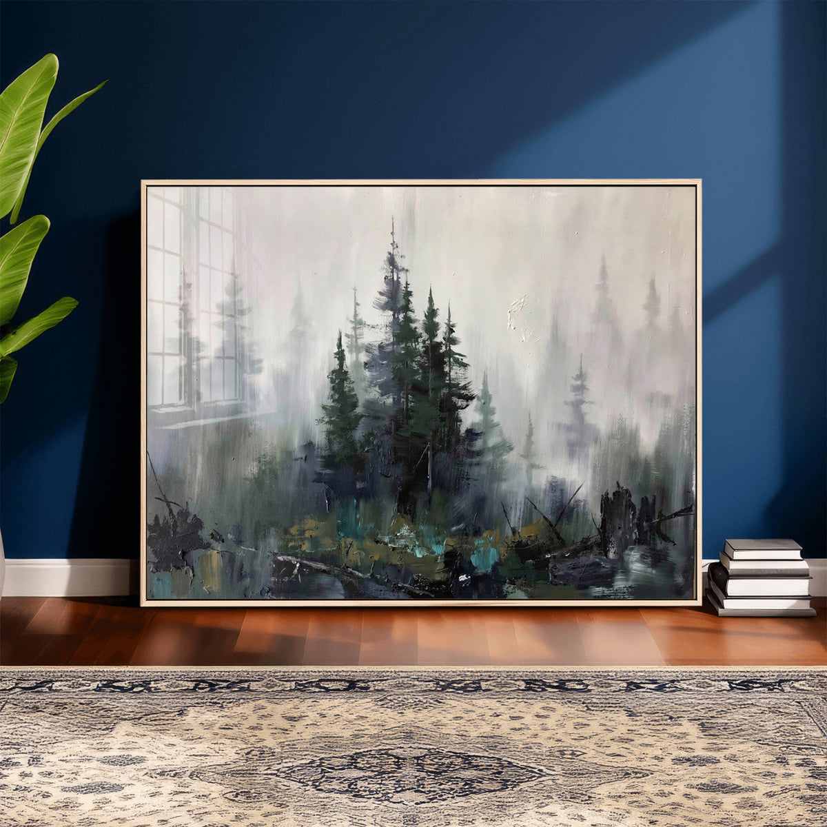 Misty Pine Forest Oil Painting Canvas — Dark Moody Teal Grey