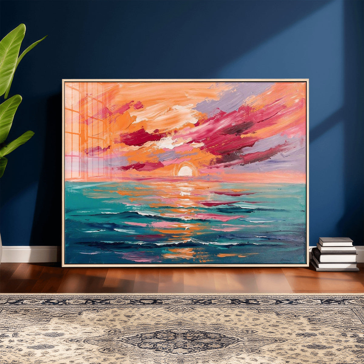 Bold Palette Knife Ocean Sunset Canvas — Orange Pink Teal