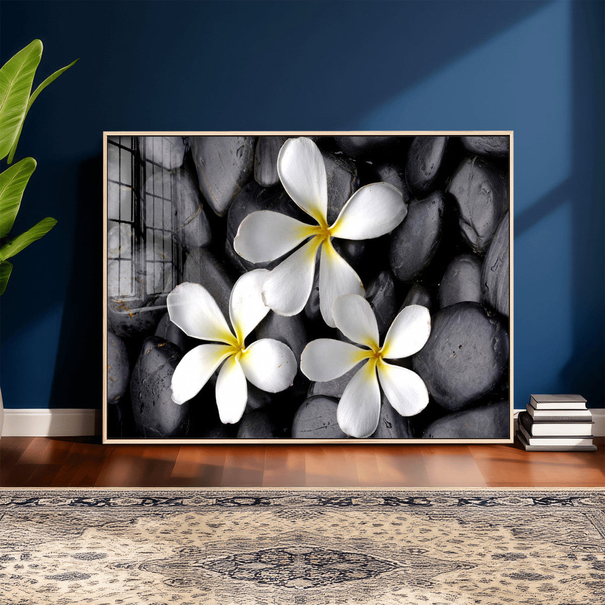 Plumeria Frangipani Black Stone Canvas | White Flower Spa