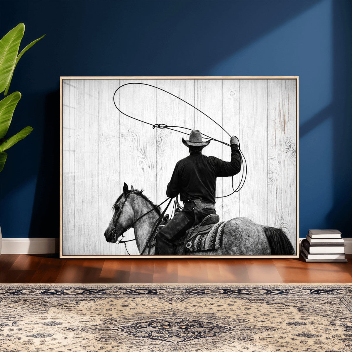 Cowboy Lasso Canvas Wall Art, Black White Western Horse