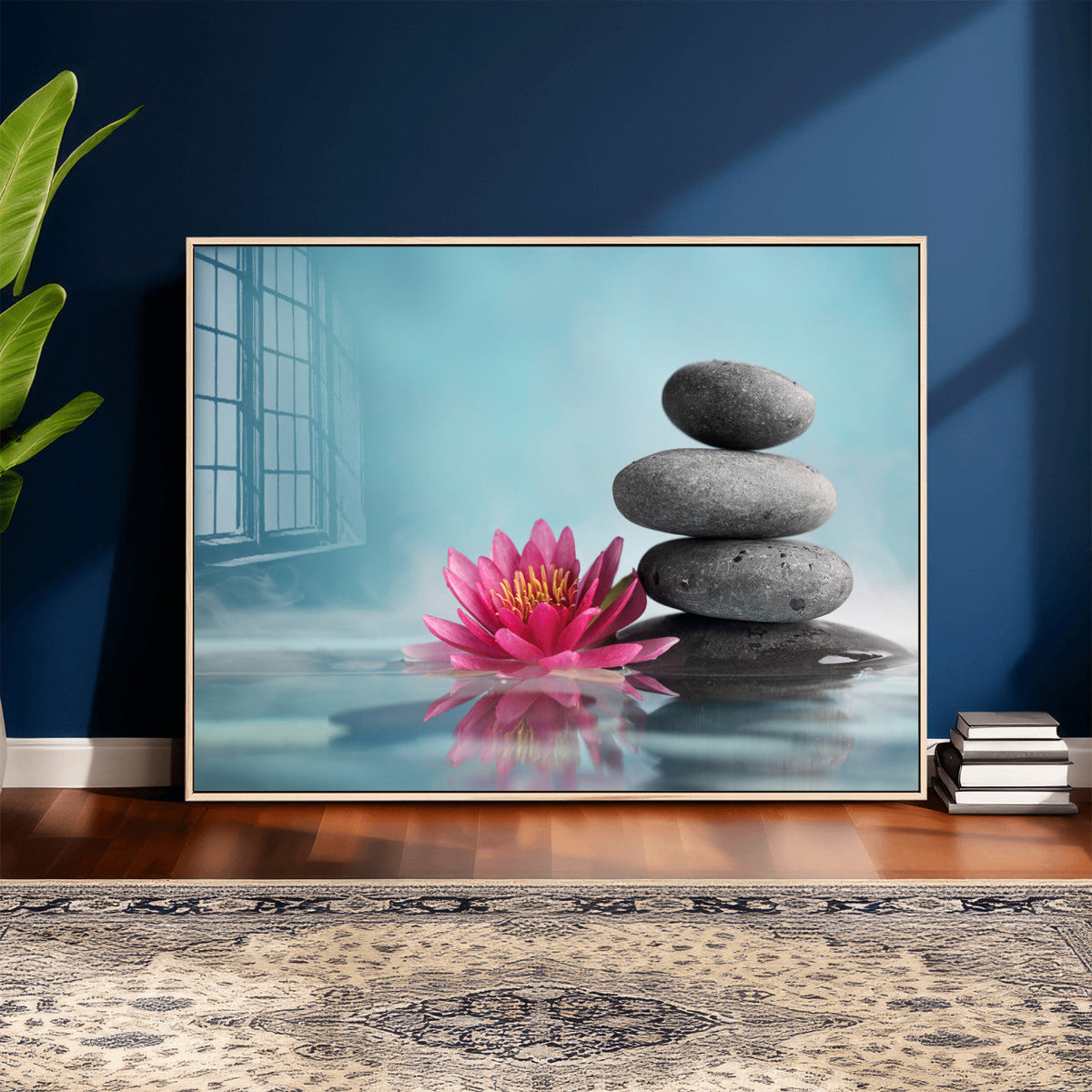 Zen Canvas Wall Art Lotus Flower Stacked Stones Teal Spa