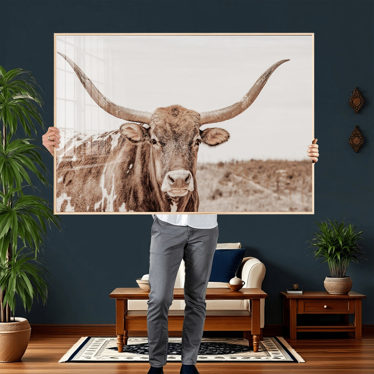 Longhorn Cow Wall Art Canvas Print – Framed Texas Ranch