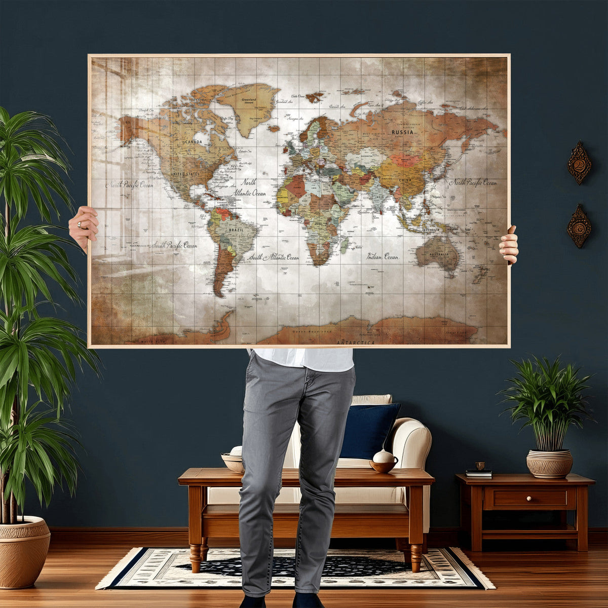 Vibrant Watercolor World Map Canvas Wall Art – Framed Travel