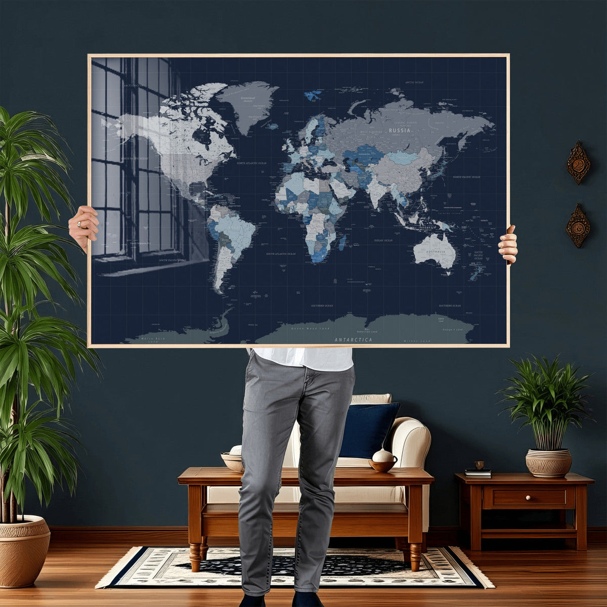 Blue Detailed World Map Wall Art Canvas Print, Modern Framed