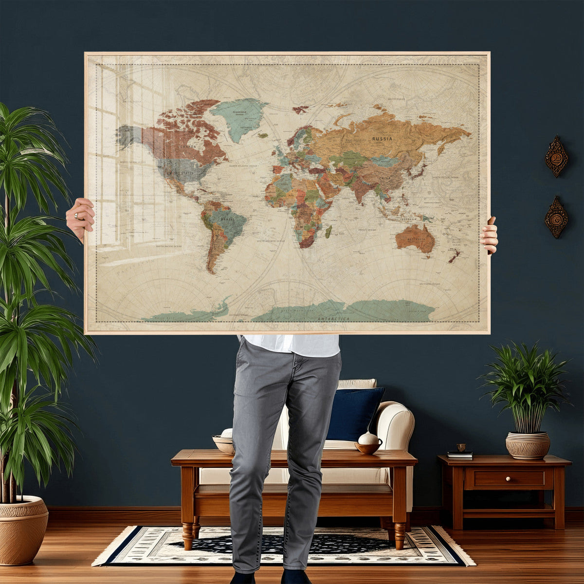 Vintage World Map Canvas Wall Art Print – Framed Modern