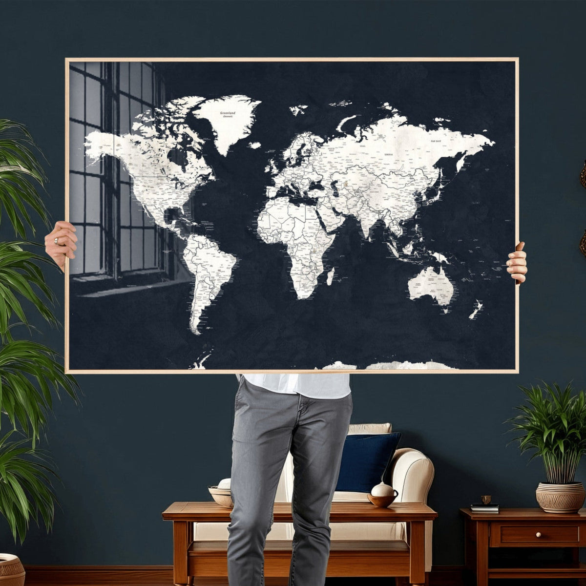 Black World Map Wall Art Canvas Print for Home Office and