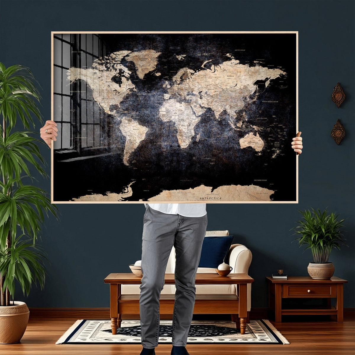 Grunge World Map Wall Art | 3-Panel Large Beige and Brown