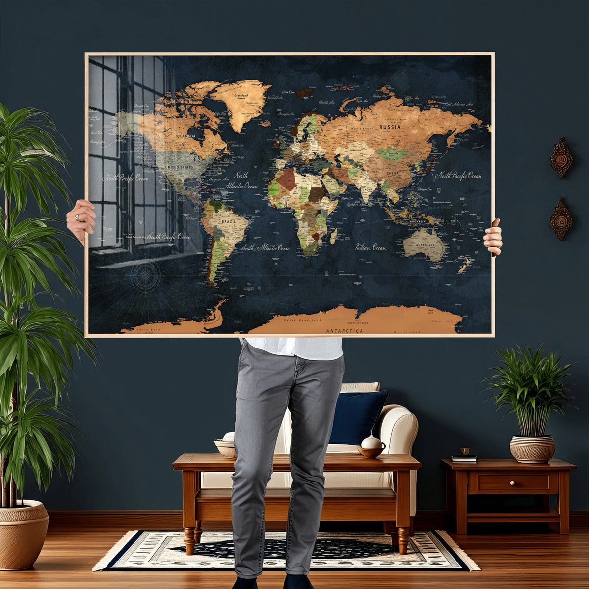 Vintage World Map Canvas Wall Art – Detailed Map with