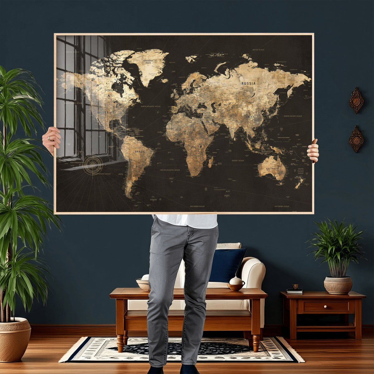 Framed World Map with Pin Canvas Print – Detailed World Map