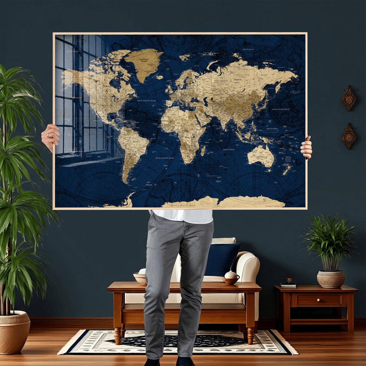 Navy Blue World Map Canvas Print – Detailed Map Minimal Navy