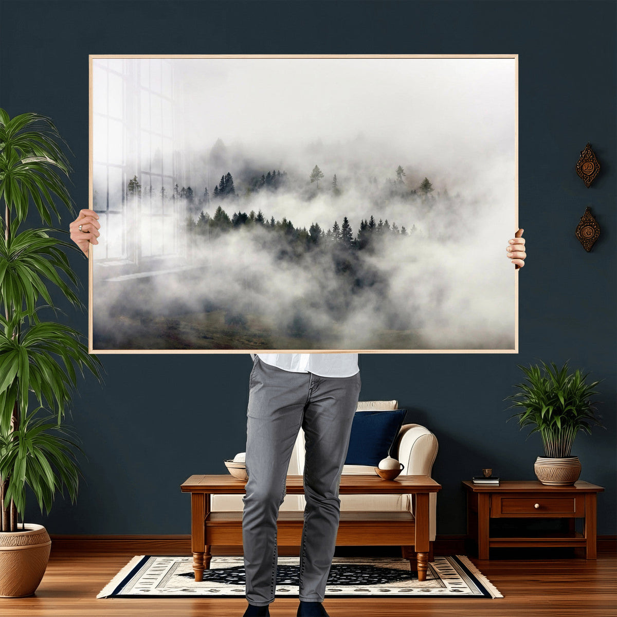 Foggy Forest Wall Art Canvas Print, Misty Pine Tree