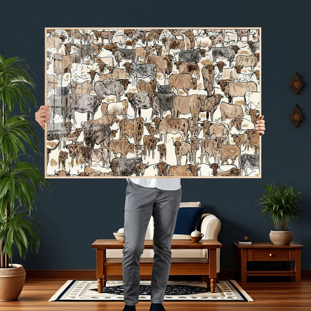 Abstract Longhorn Wall Art Canvas Print - Cow Animal Drawing