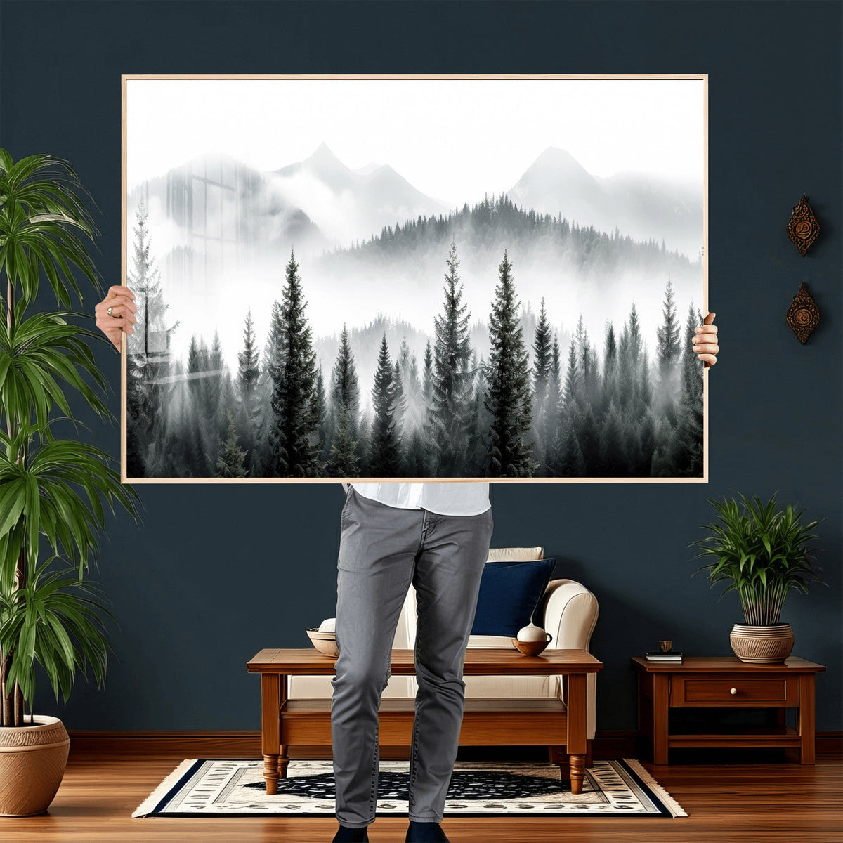 Misty Pine Forest Mountain Landscape Wall Art Canvas Print