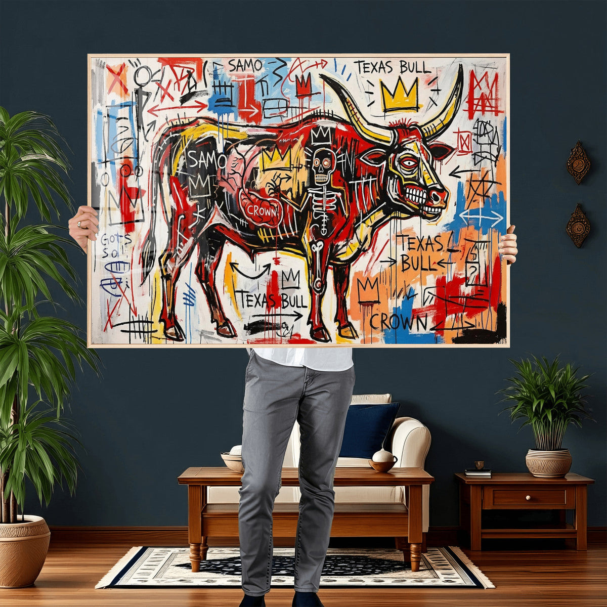 Texas Bull Wall Art Canvas Print, Abstract Graffiti Bull