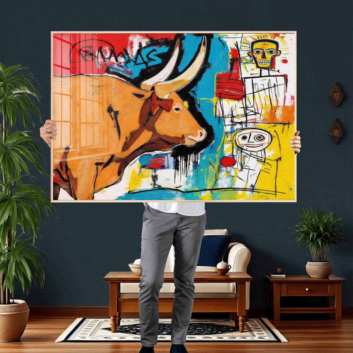 Basquiat Style Bull Graffiti Wall Art Canvas Print, Street