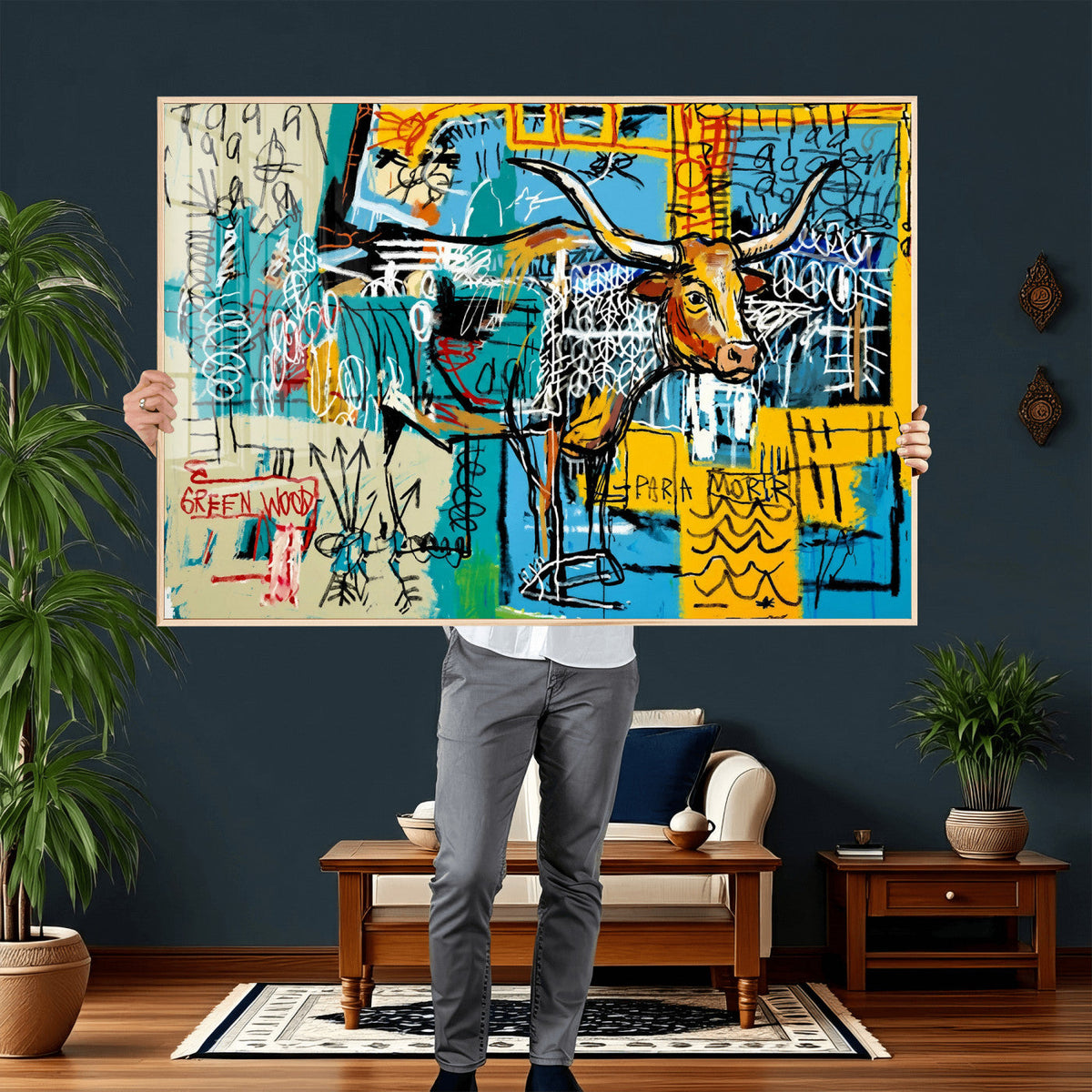 Basquiat Style Bird Bull Graffiti Wall Art Canvas Print,