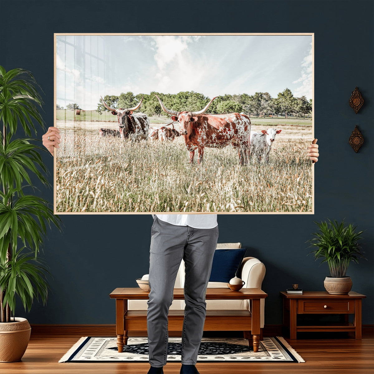 Texas Longhorn Cattle Wall Art Canvas Print, Rustic Ranch