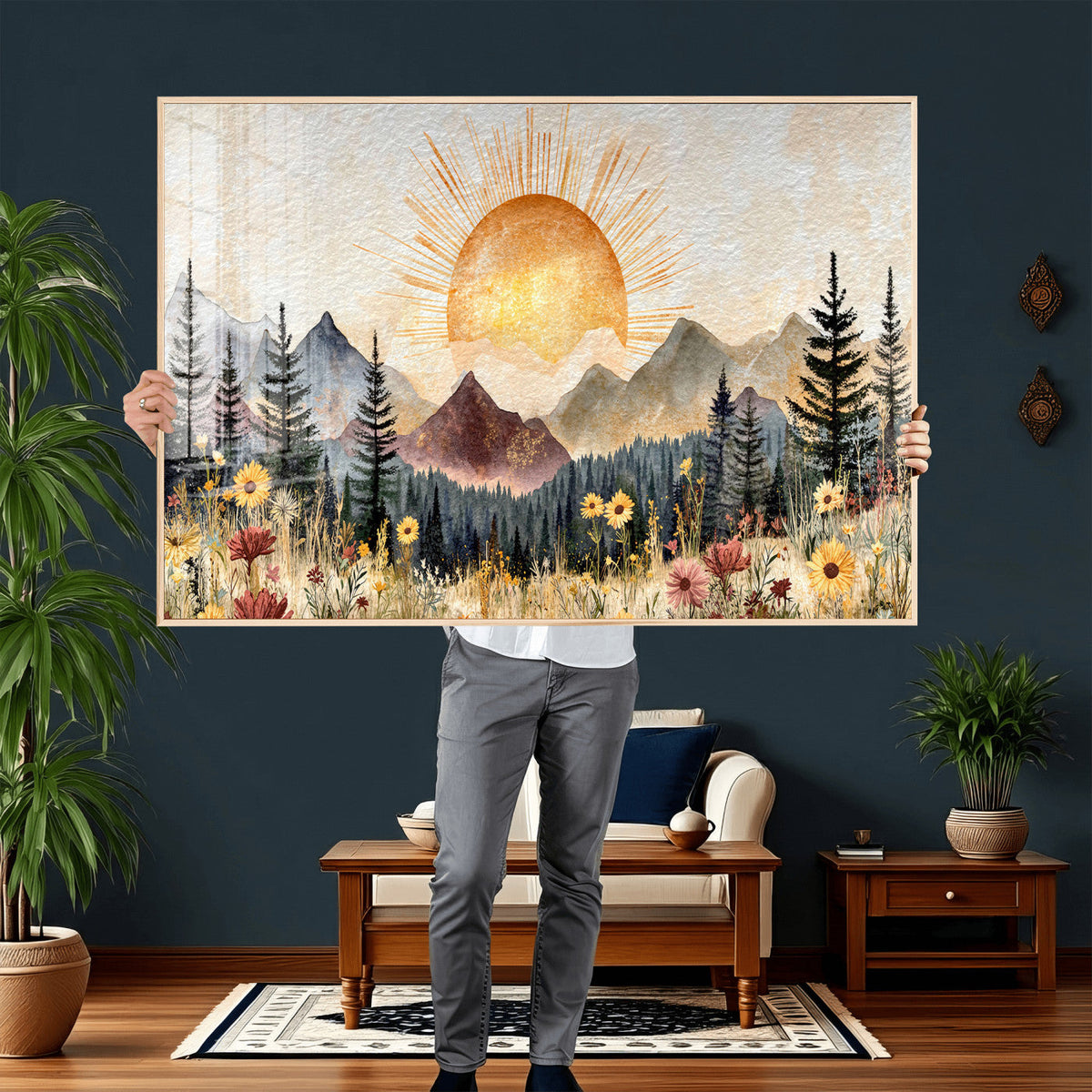 Boho Mountain Landscape Large Wall Art, Horizontal Gold