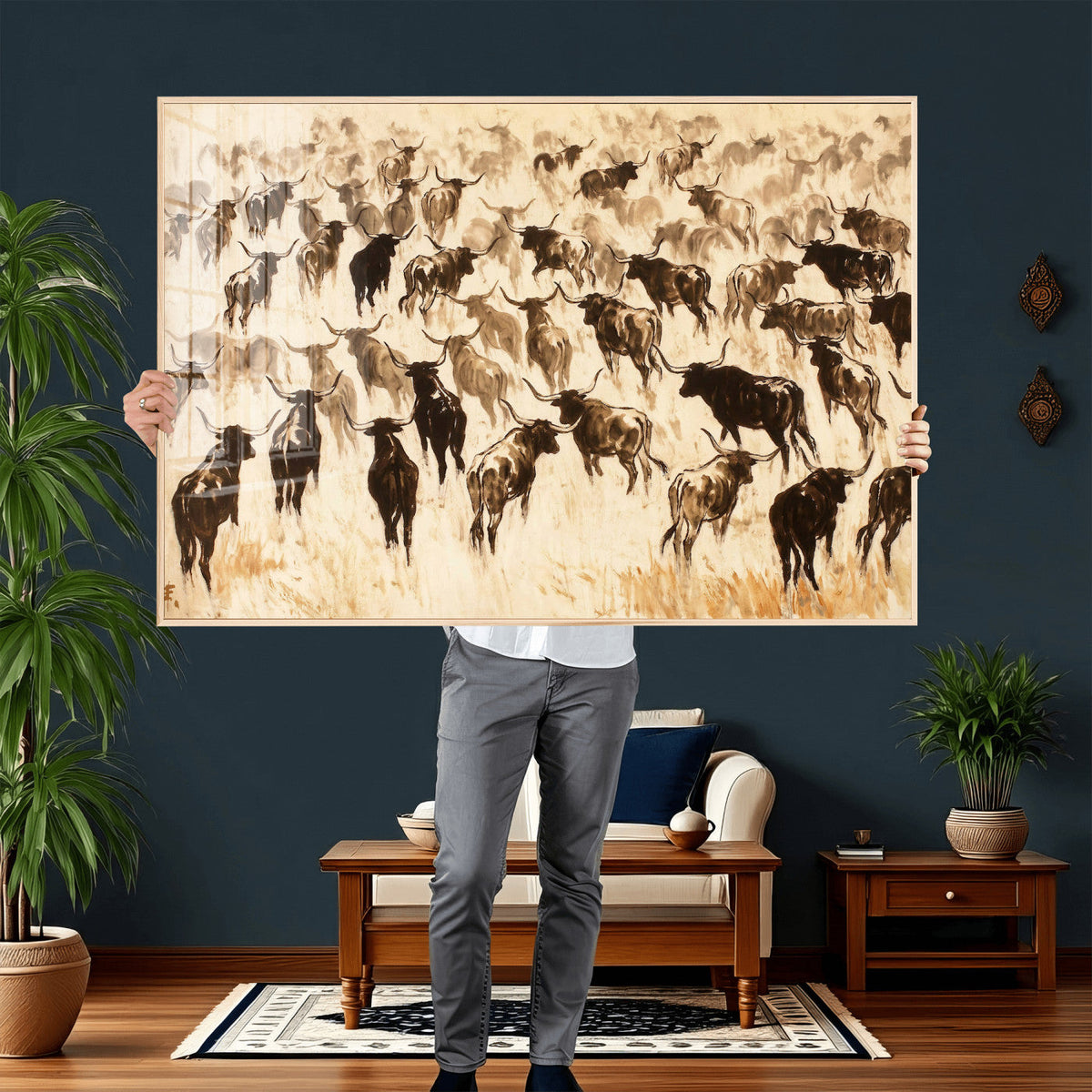 Texas Longhorn Sepia Canvas Wall Art, Western Cattle