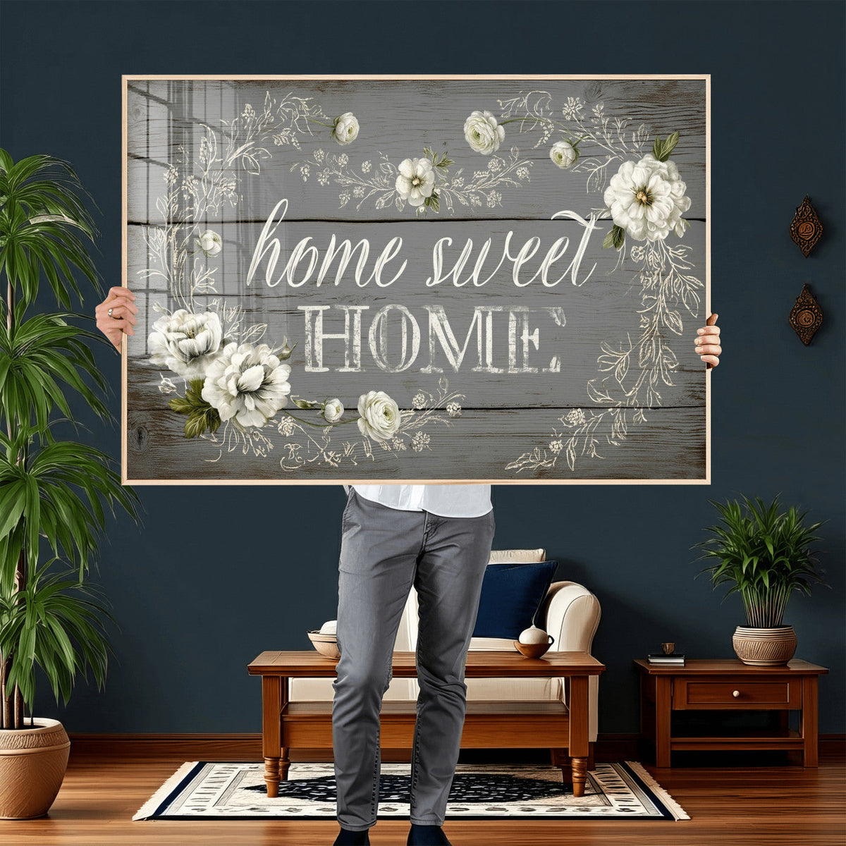 Home Sweet Home Wall Art Canvas Print, Floral Farmhouse