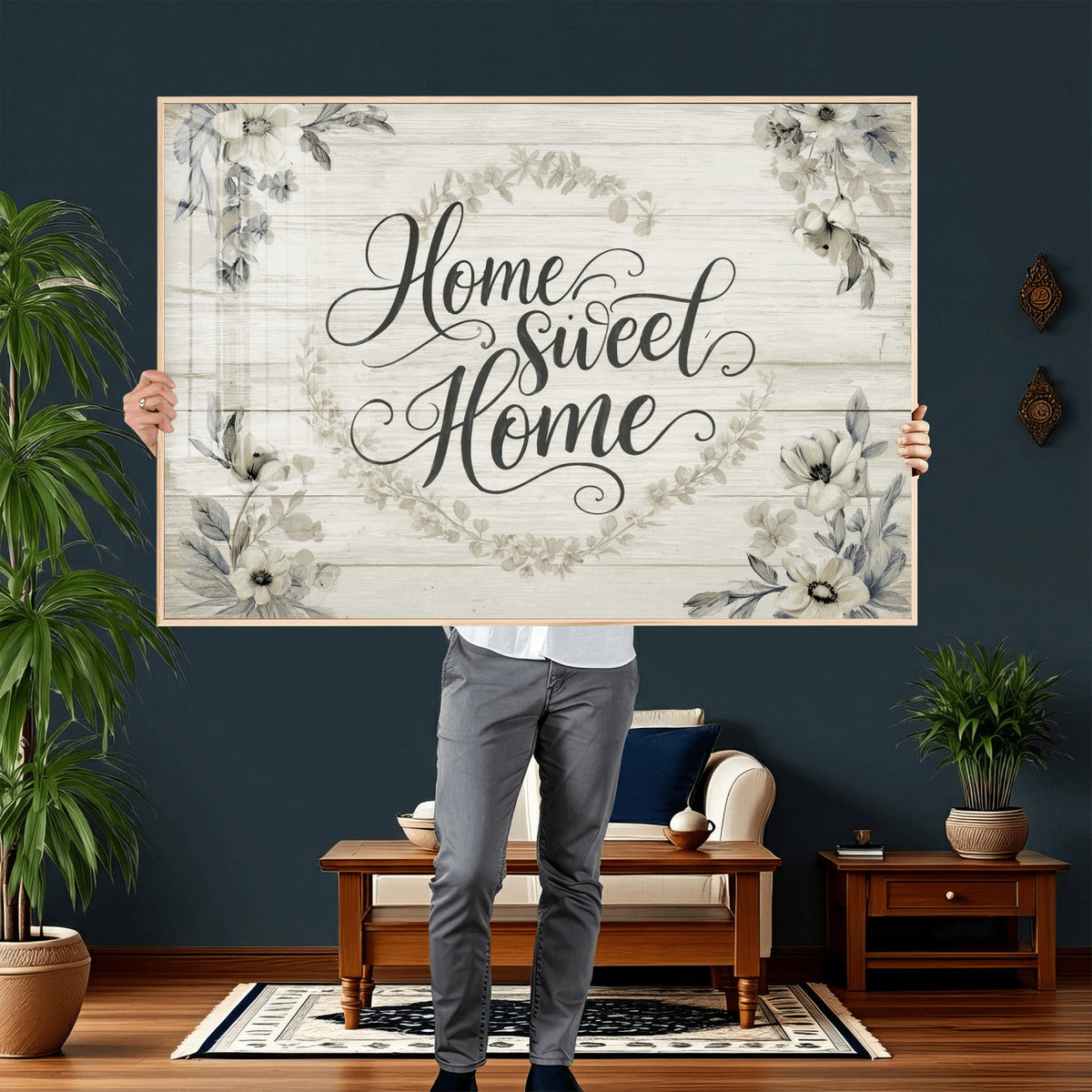 Home Sweet Home Wall Art Canvas Print, Floral Farmhouse