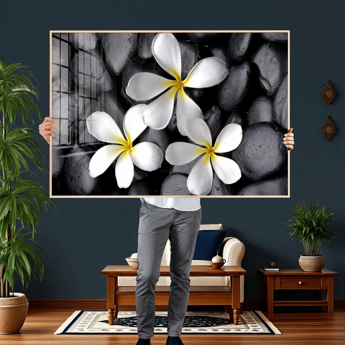 Plumeria Frangipani Black Stone Canvas | White Flower Spa
