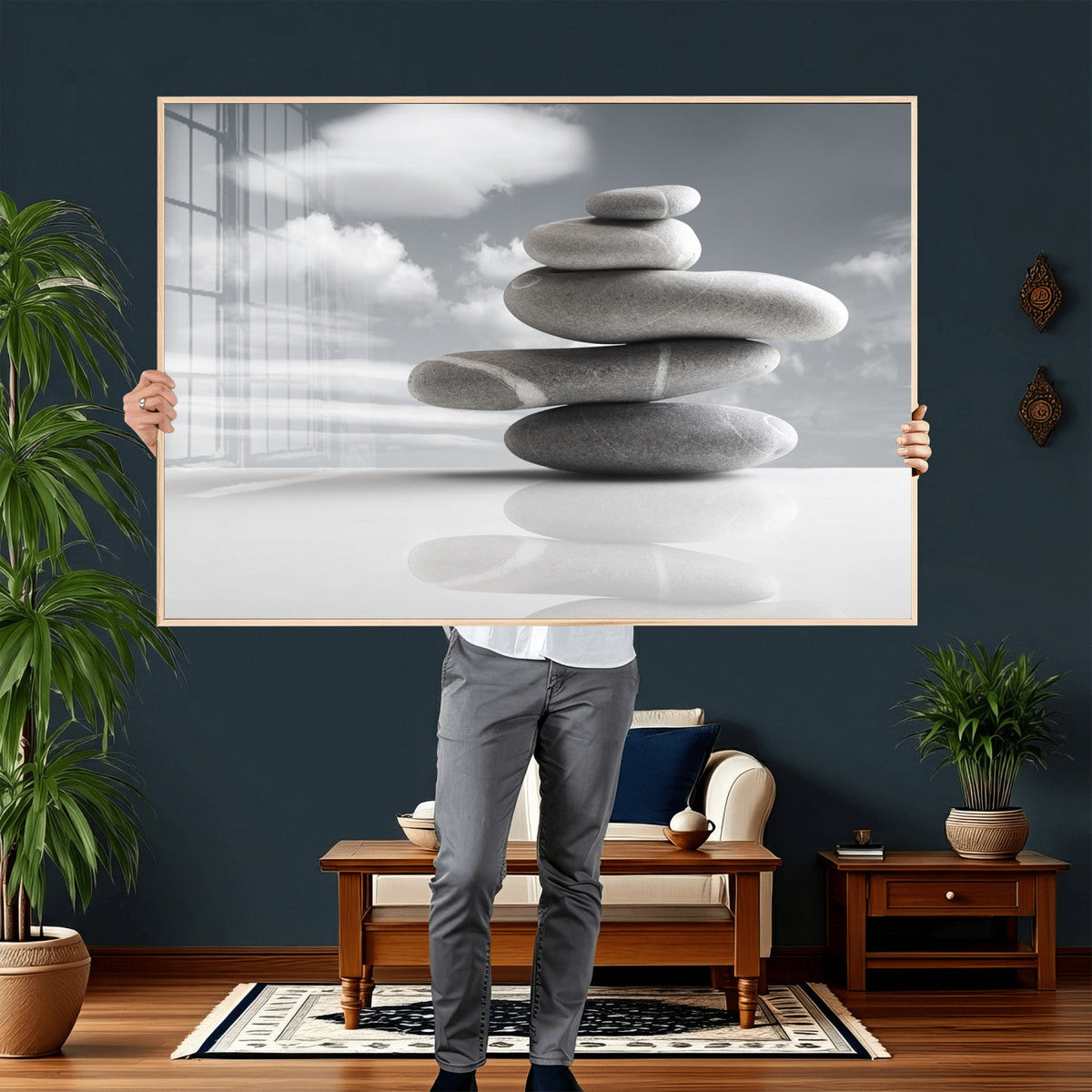 Zen Stone Wall Art Canvas Print, Balanced Rock Stack Framed