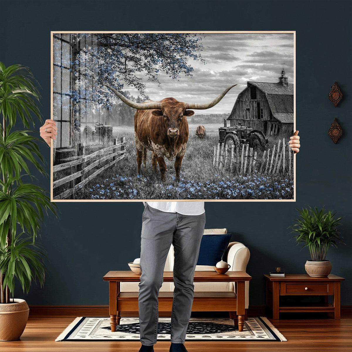 Texas Longhorn Canvas Wall Art, Rustic Farm Barn Bluebonnet