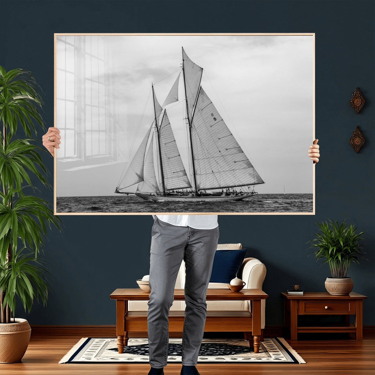 Vintage Sailboat Wall Art Canvas Print, Black and White
