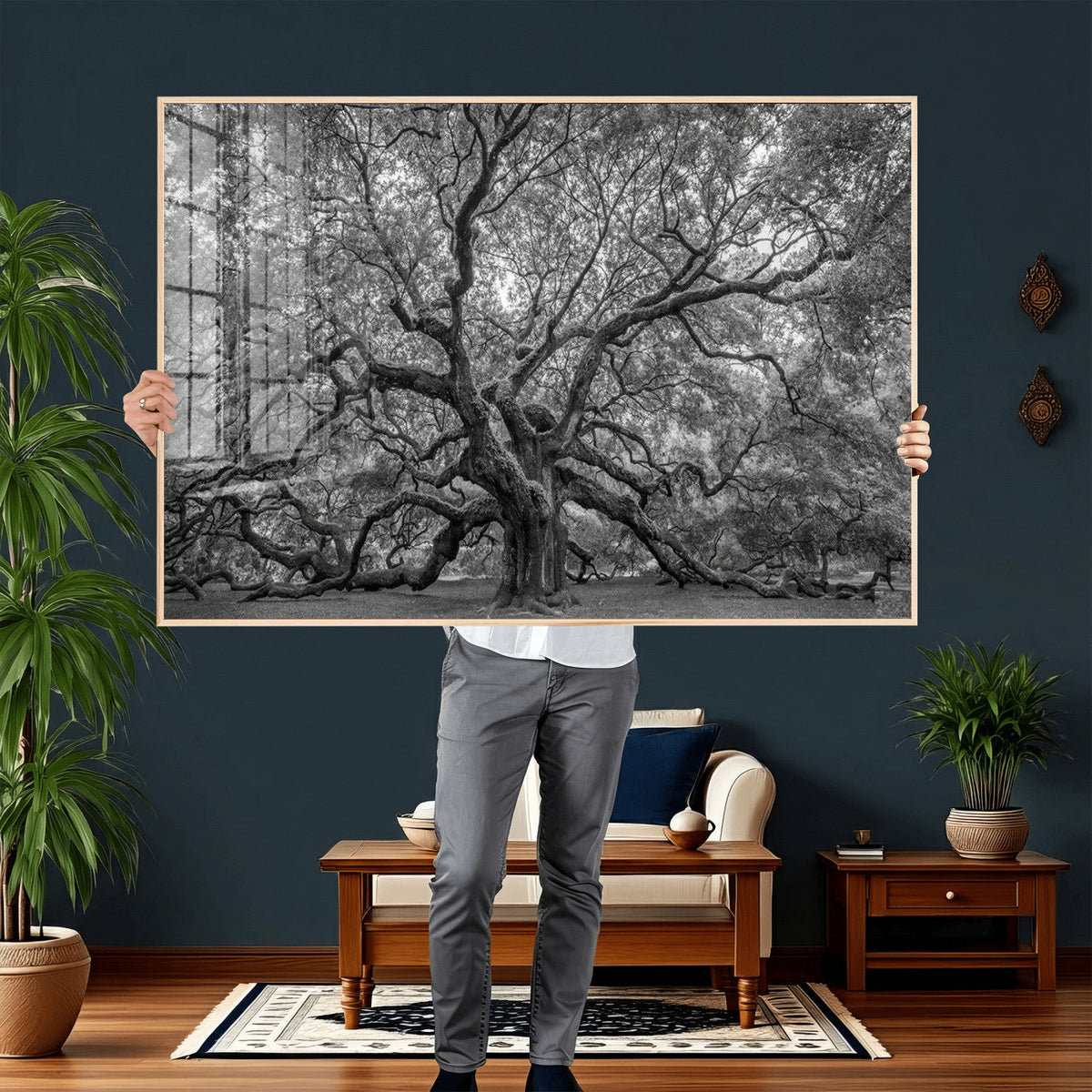 Majestic Angel Oak Tree Black and White Canvas Print – Multi