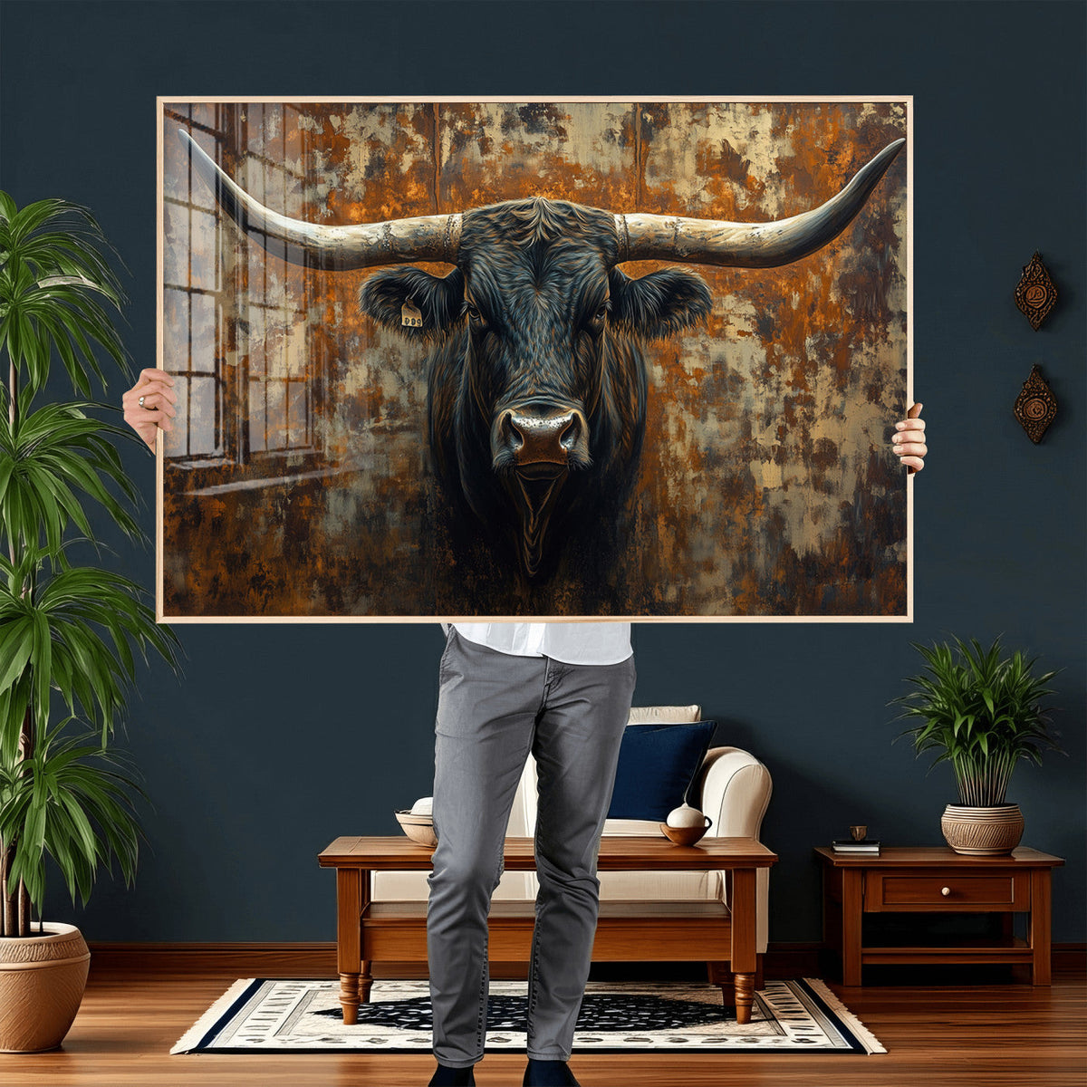 Longhorn Texas Cow Bull Wall Art | Rustic Farmhouse Canvas