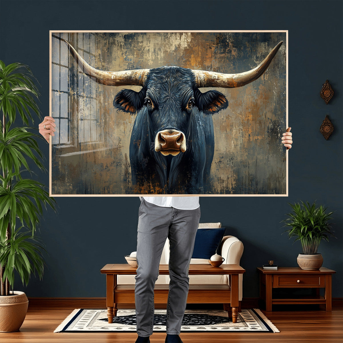 Texas Western Wall Art Canvas Print - Abstract Cow Longhorn
