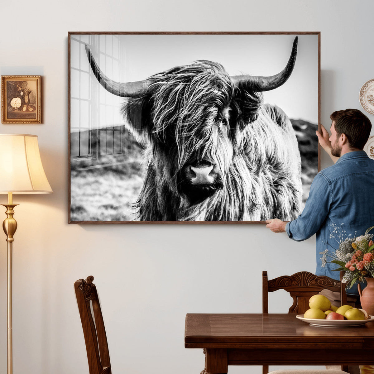 Black and White Scottish Cow Canvas Wall Art Highland Cattle