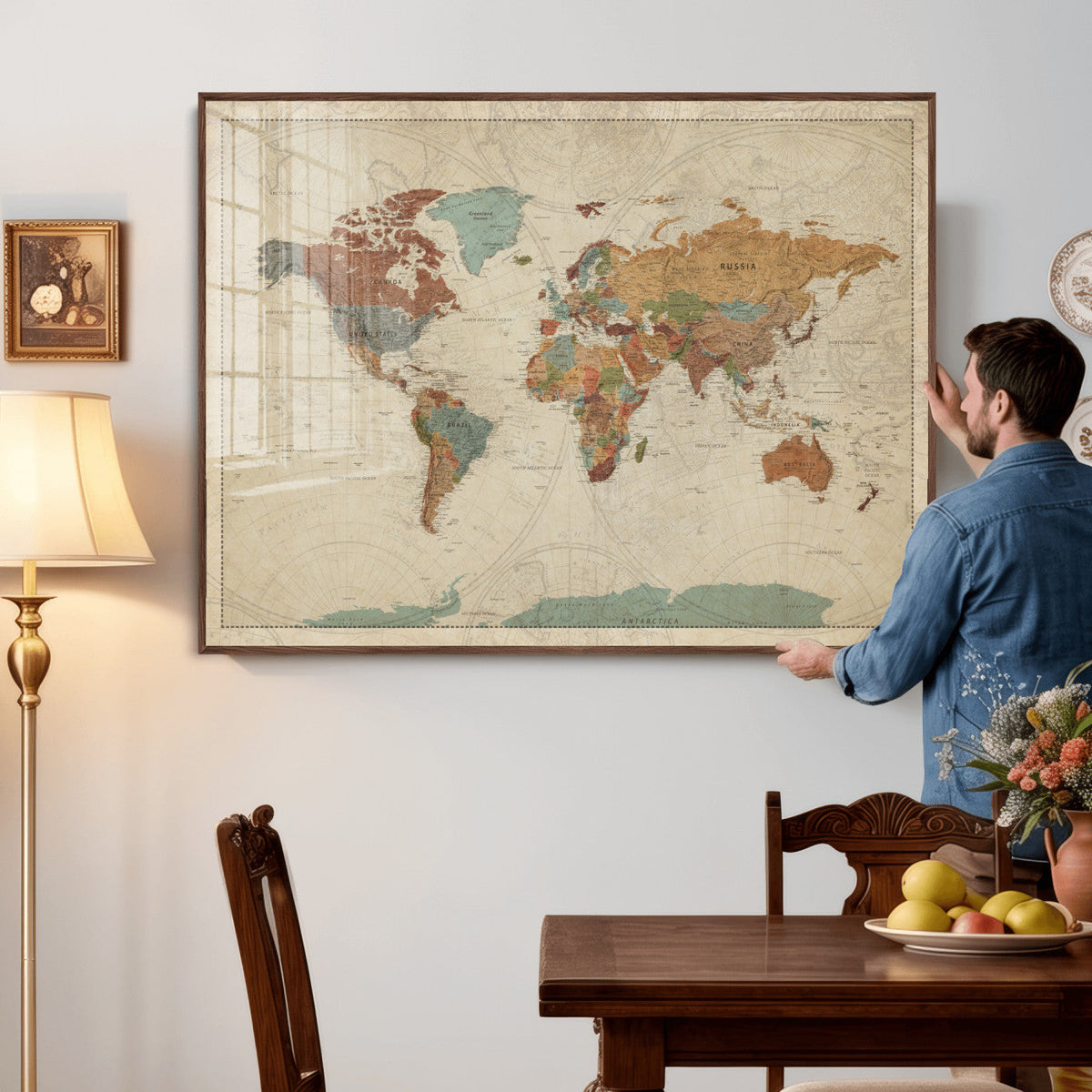 Vintage World Map Canvas Wall Art Print – Framed Modern