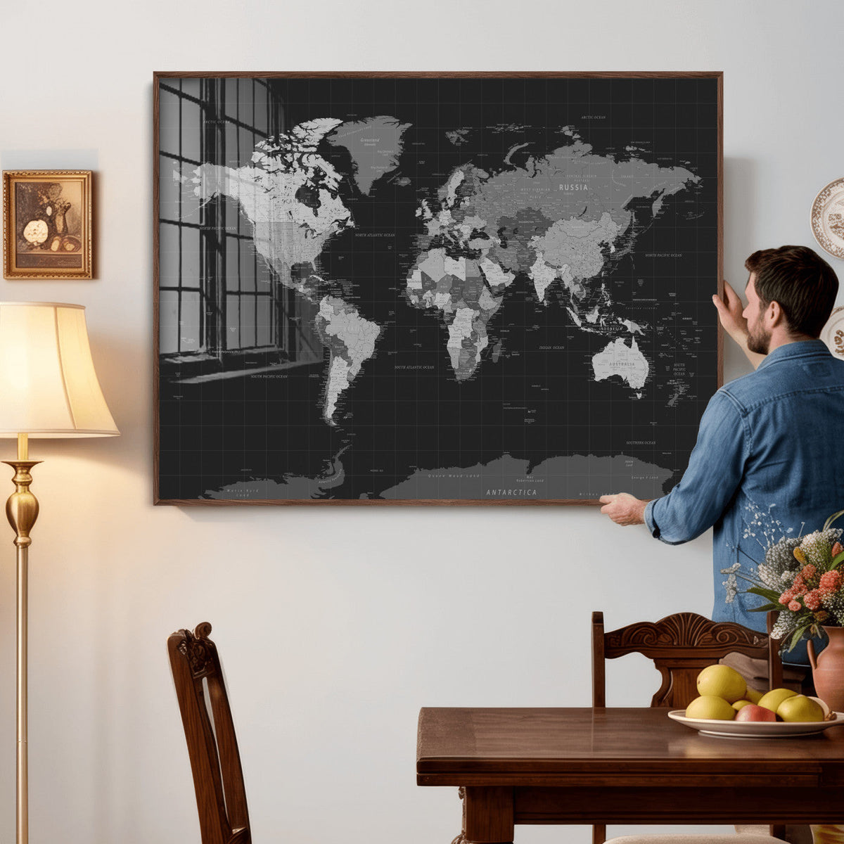 Black World Map Wall Art Canvas Print – Detailed Map of the