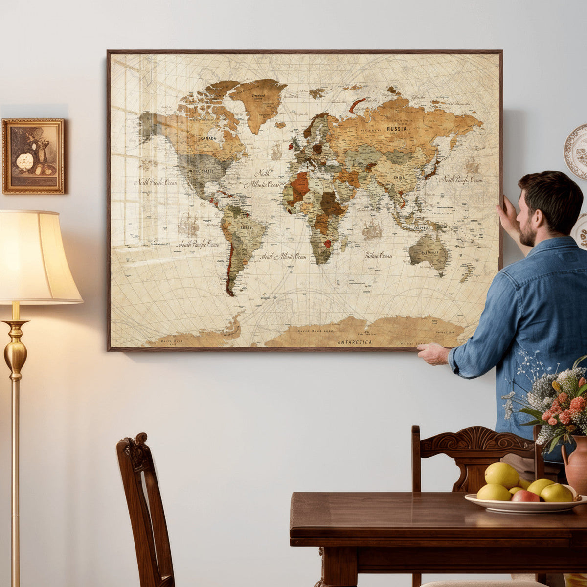 Rustic Vintage World Map Canvas Print – Framed Modern