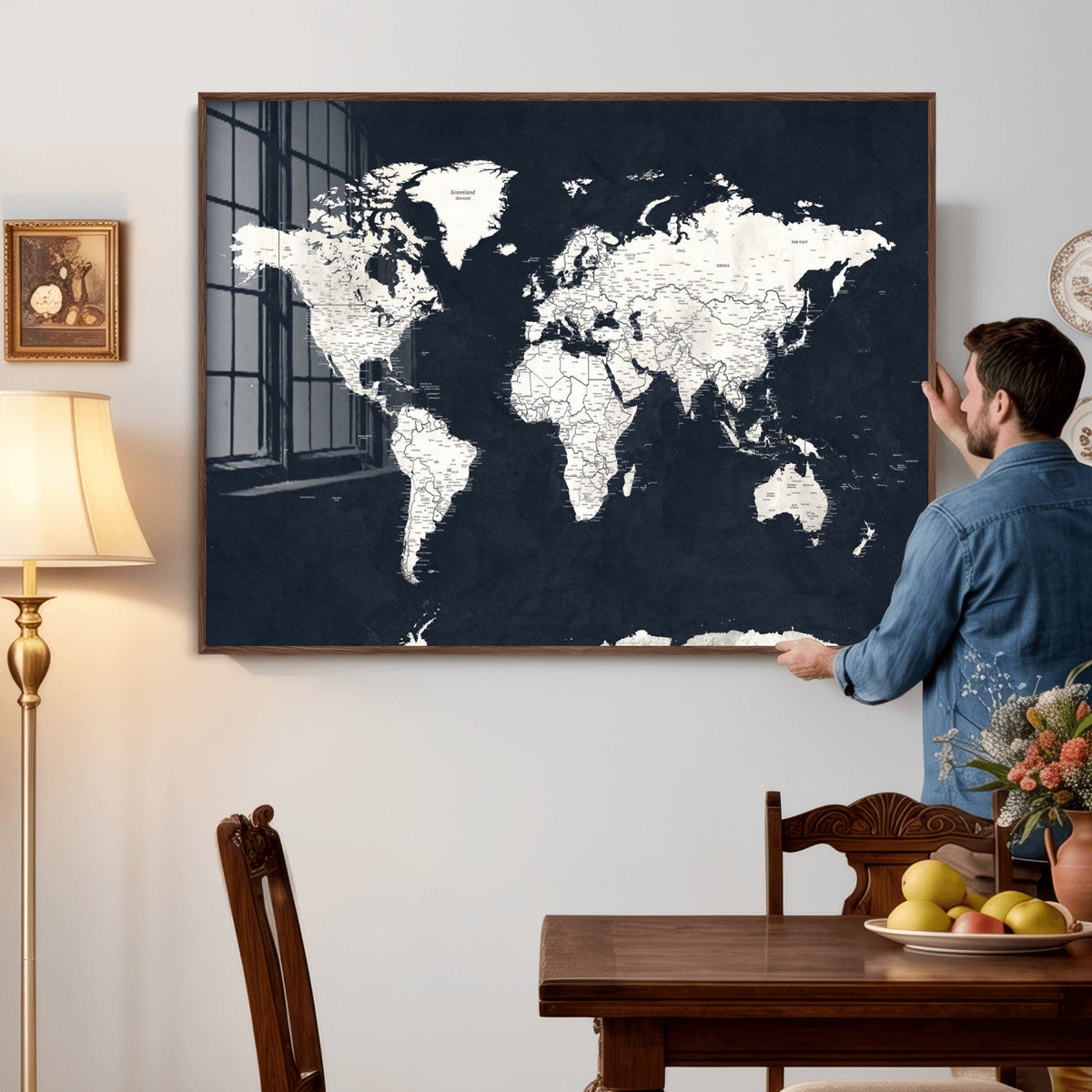 Black World Map Wall Art Canvas Print for Home Office and