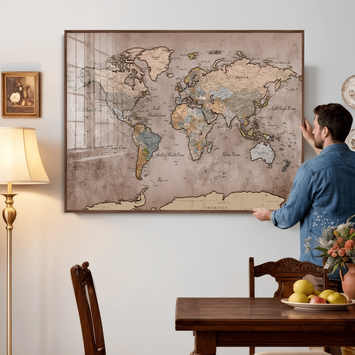 Grunge World Map Canvas Wall Art - Vintage Aged World Map