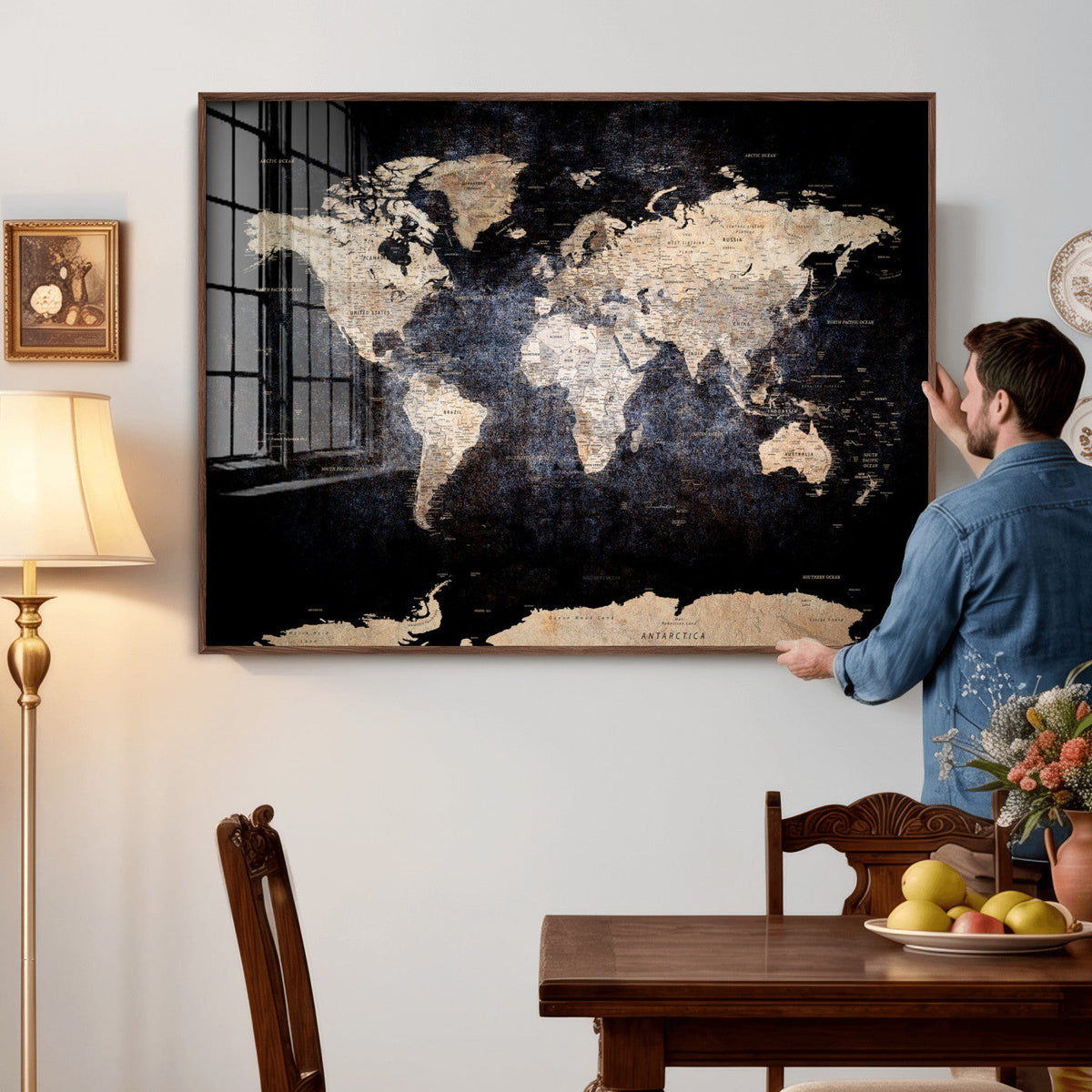 Grunge World Map Wall Art | 3-Panel Large Beige and Brown