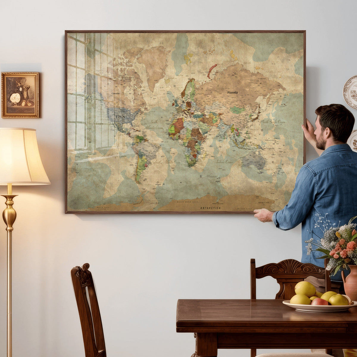 World Map Wall Art Canvas Print, Rustic Map Print, Framed