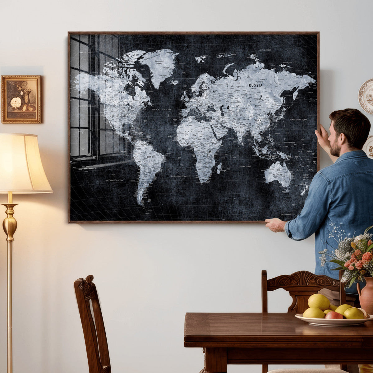 Black World Map Canvas Print – Detailed Map for Couples and