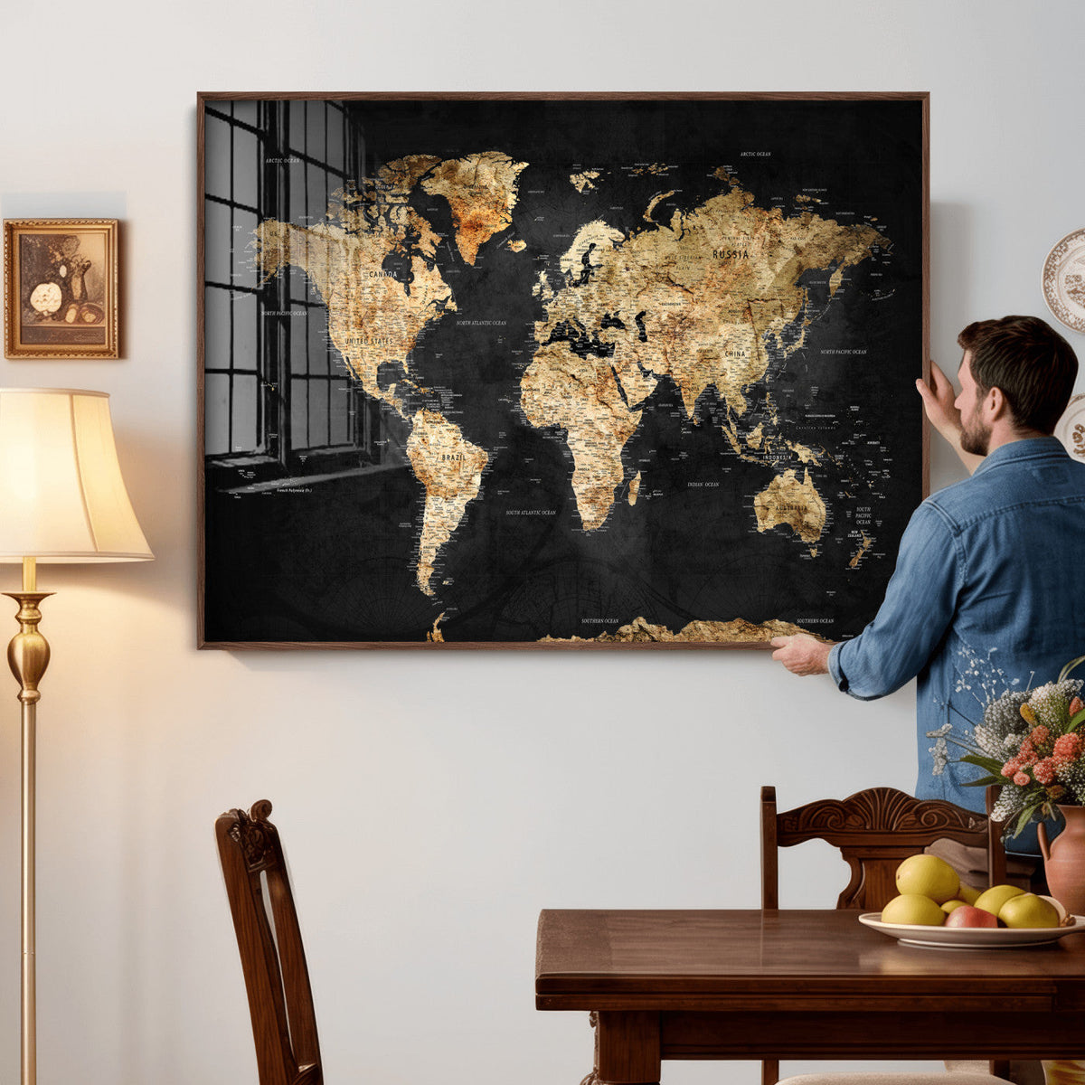 World Map Canvas Wall Art with Famous Landmarks – Framed