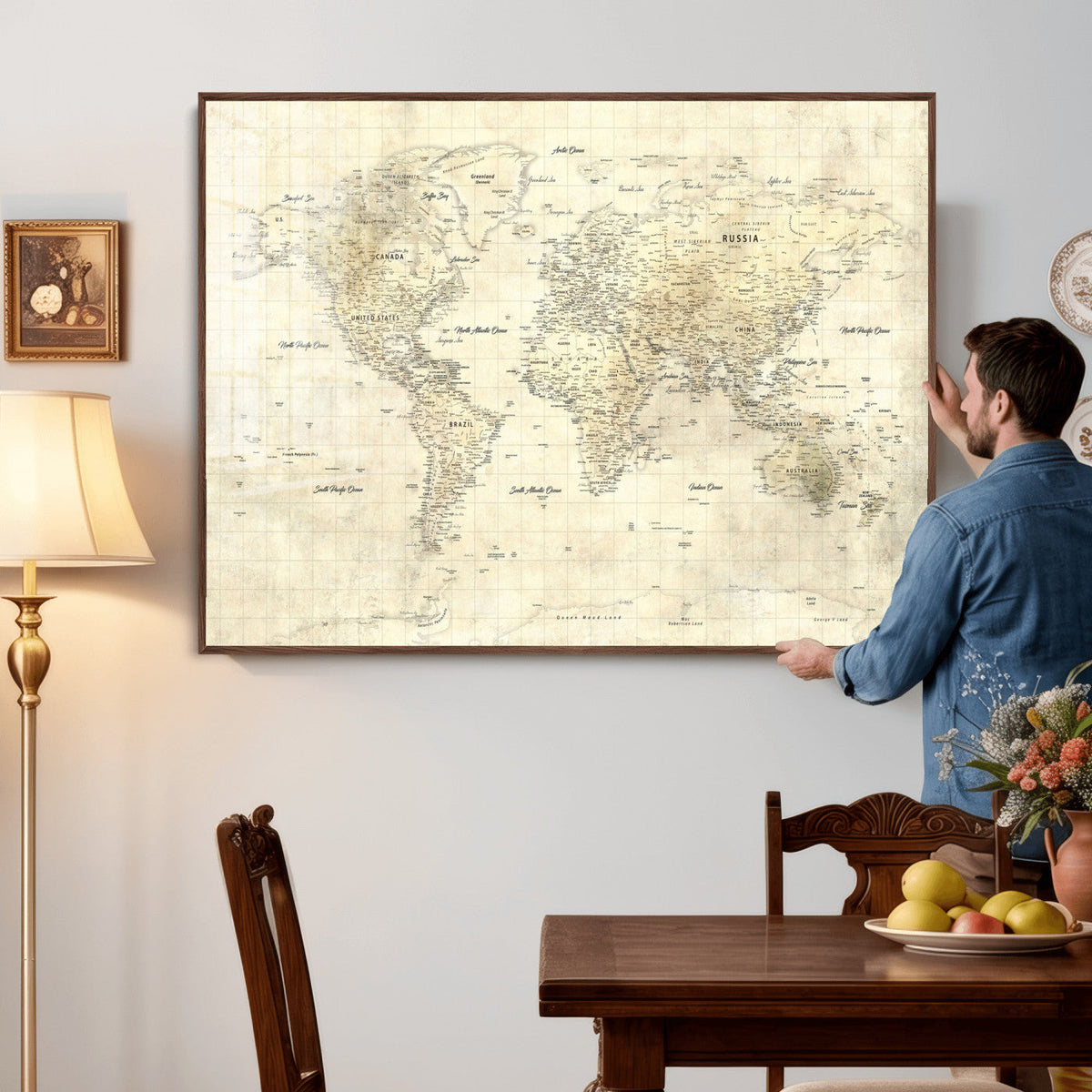 Colorful Watercolor World Map Canvas Wall Art – Framed