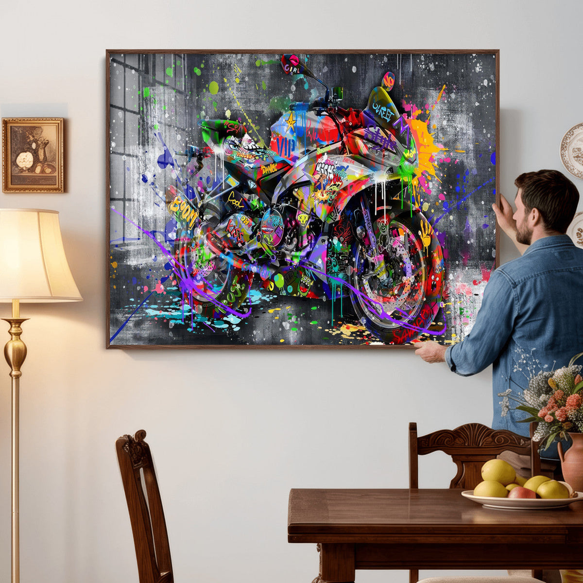 Graffiti Motorcycle Wall Art Canvas Print, Urban Street Art