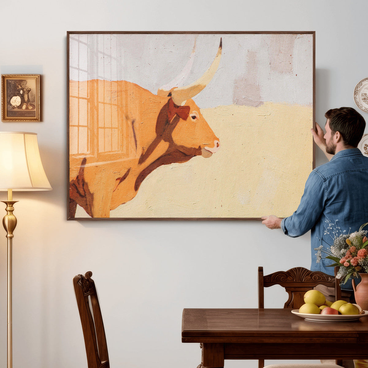 Minimal Longhorn Bull Wall Art Canvas Print, Neutral Western