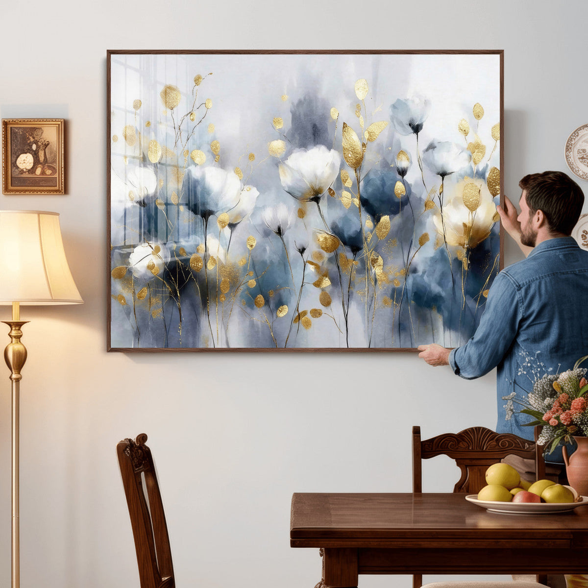 Large Abstract Flowers Wall Art Canvas Print – Gold and Blue