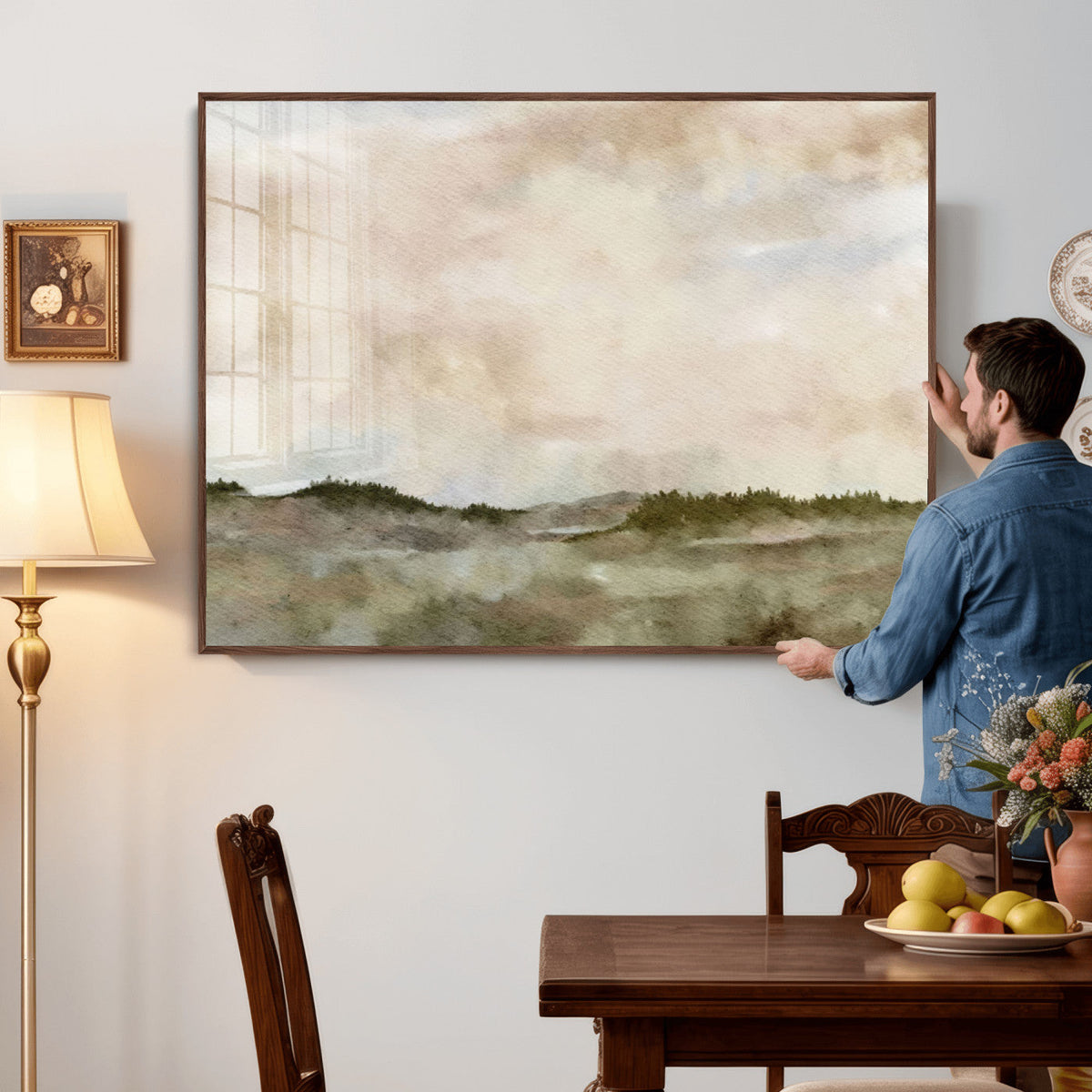 Muted Watercolor Hill Landscape Print — Beige Taupe Cloudy