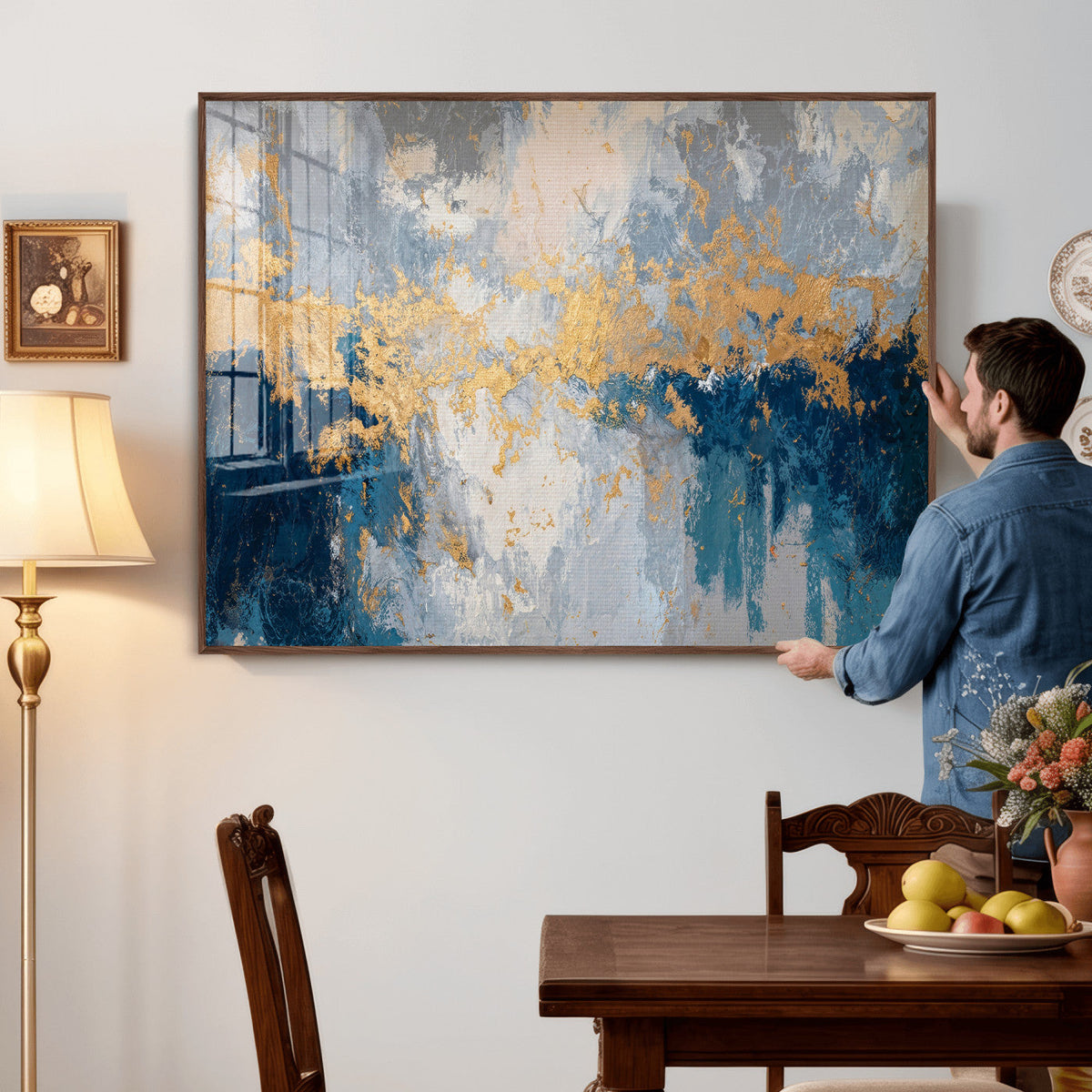 Blue Gold Abstract Large Framed Canvas Wall Art, Modern
