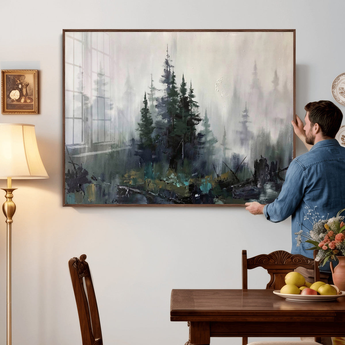 Misty Pine Forest Oil Painting Canvas — Dark Moody Teal Grey